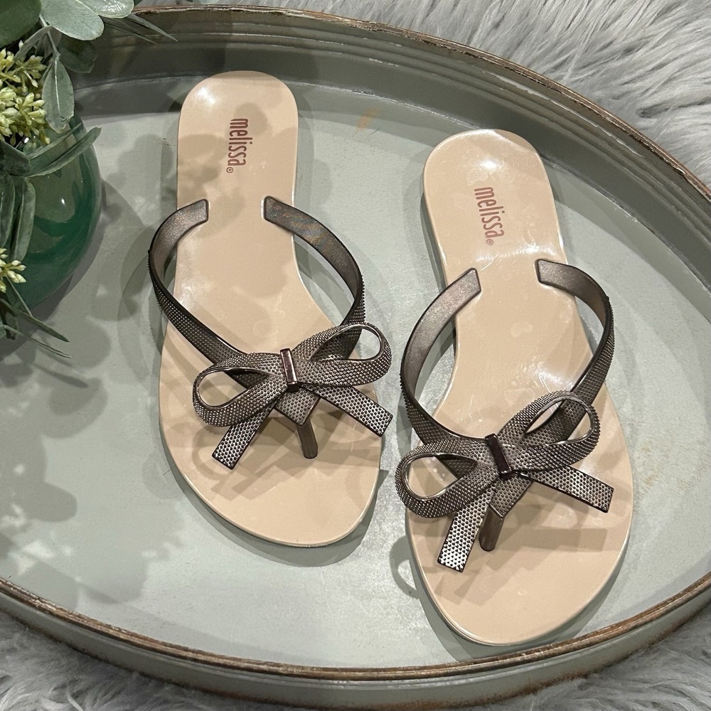 Melissa Harmonic Chrome II Flip Flop Metallic Rose Bow, Jelly Sole WMS US Size 5